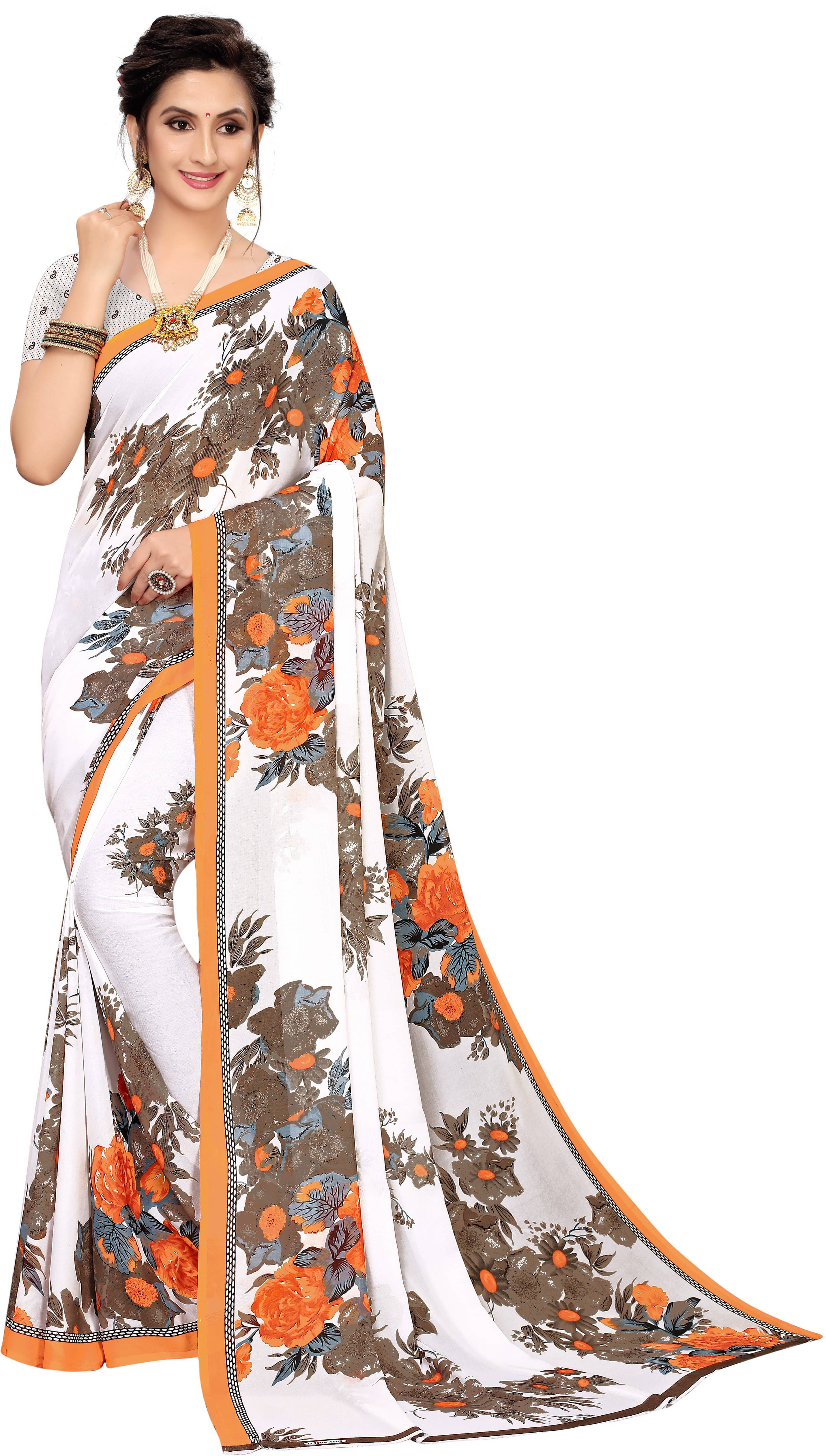     			Suali Art Silk Printed Saree With Stitched Blouse ( Orange )