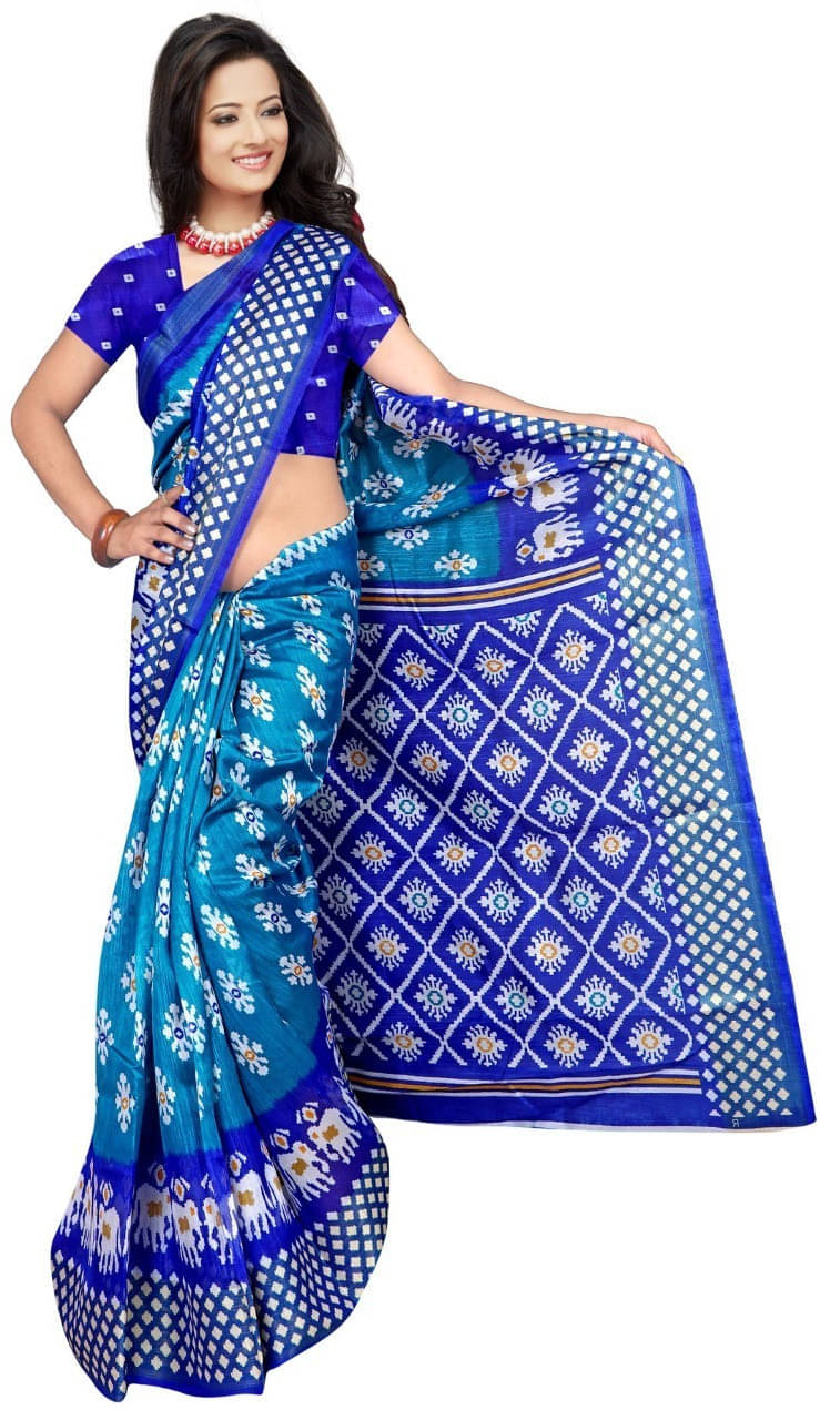     			Suali Art Silk Printed Saree With Unstitched Blouse Piece ( Blue )