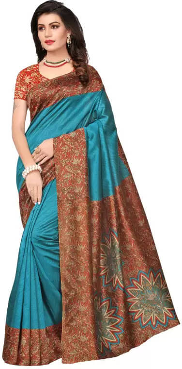     			Suali Art Silk Printed Saree With Unstitched Blouse Piece ( Blue )