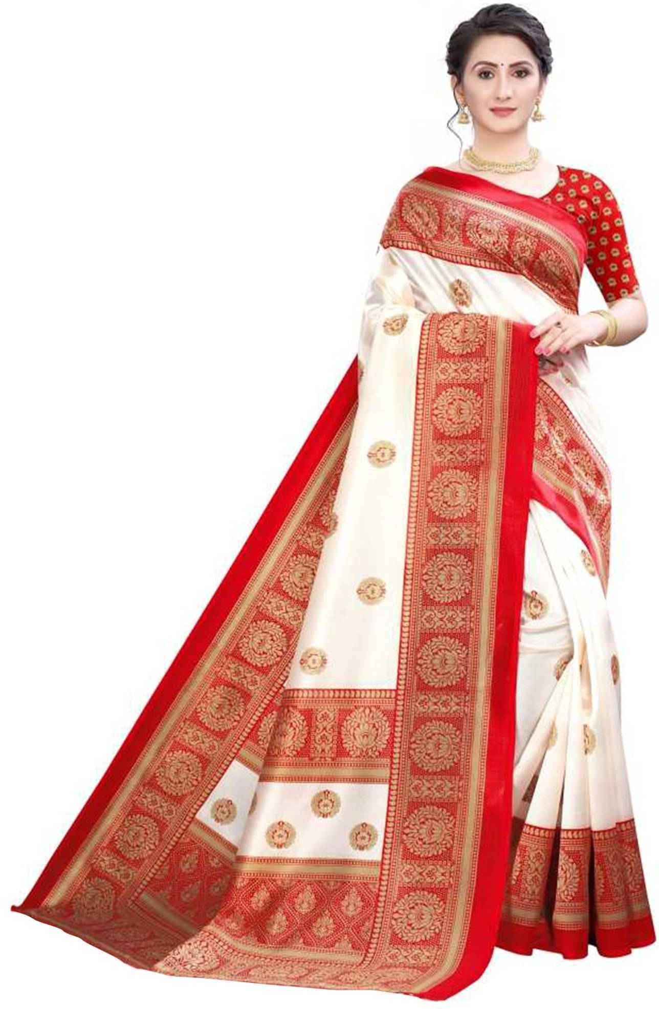     			Suali Cotton Blend Printed Saree With Unstitched Blouse Piece ( White )