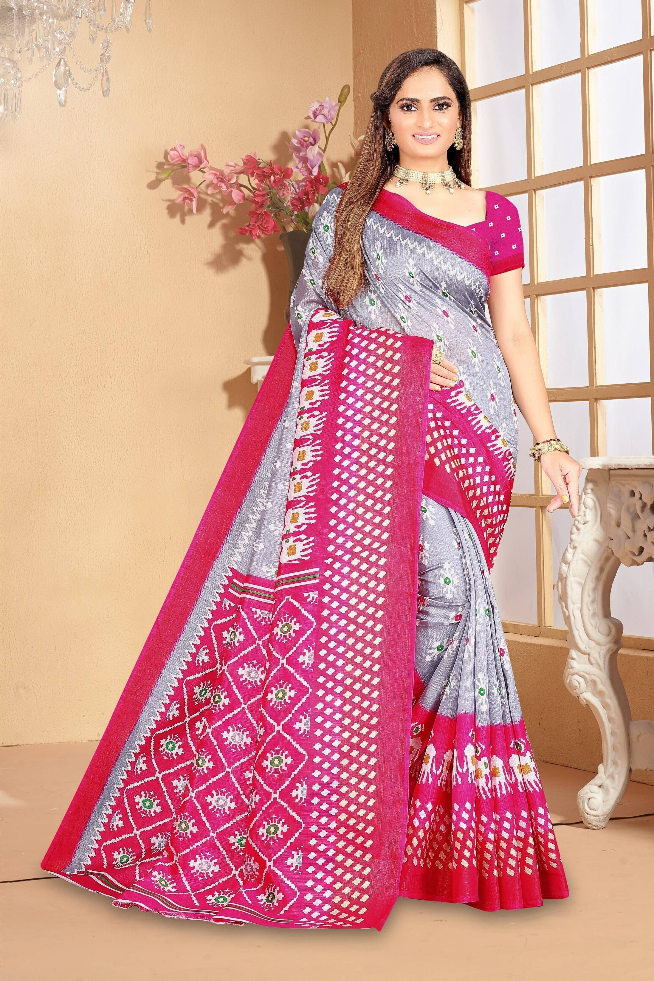     			Suali Cotton Blend Printed Saree With Unstitched Blouse Piece ( Grey )
