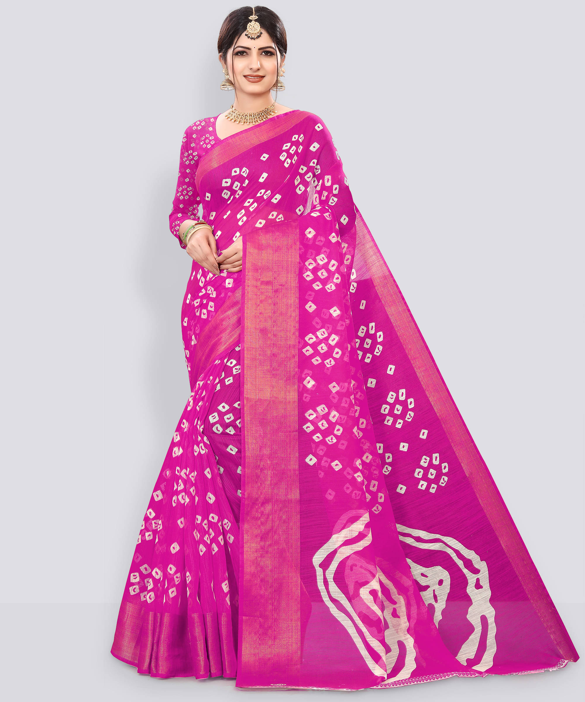     			Suali Cotton Blend Printed Saree With Unstitched Blouse Piece ( Pink )