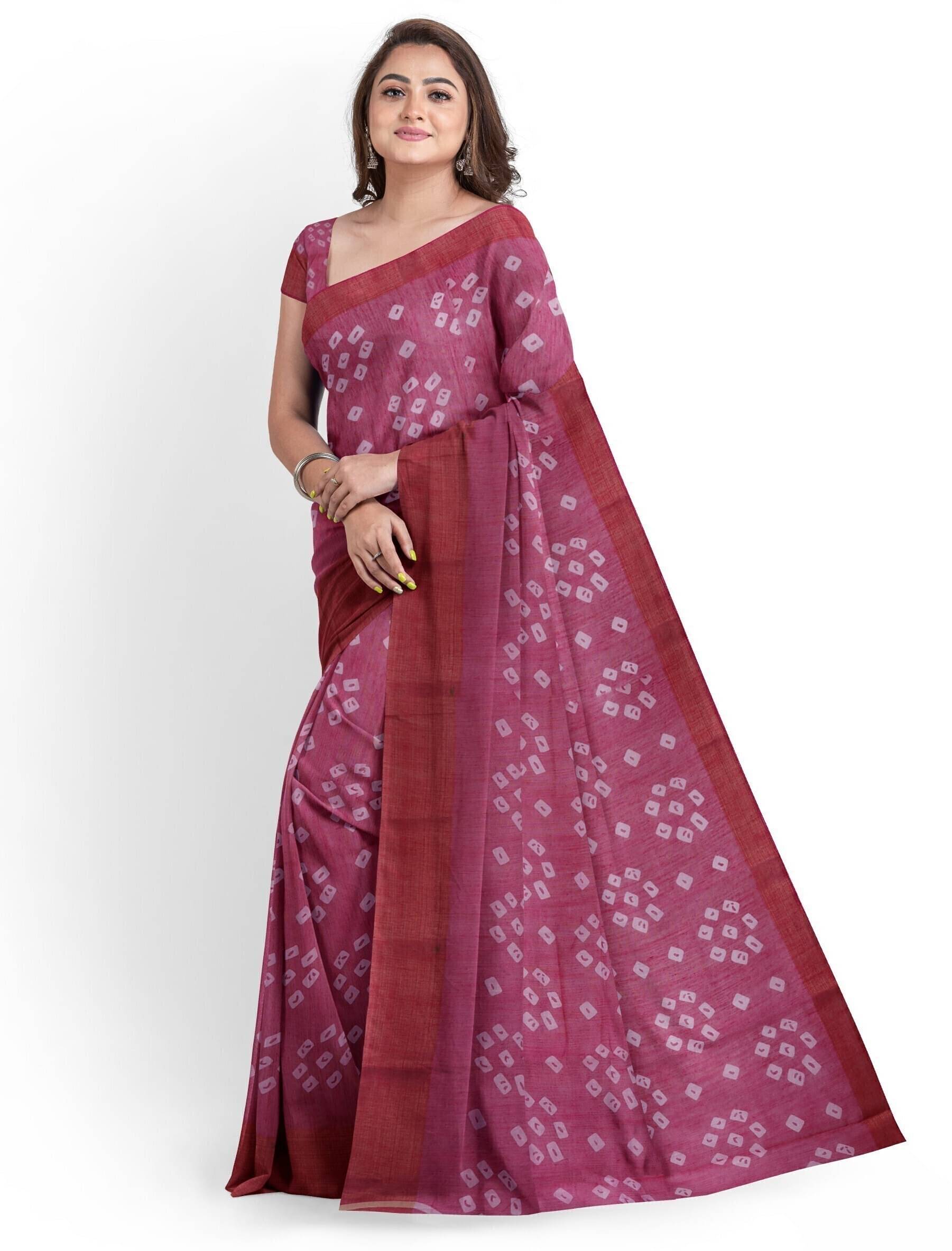     			Suali Cotton Blend Printed Saree With Unstitched Blouse Piece ( Pink )