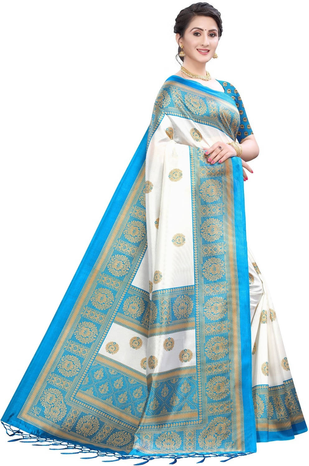     			Suali Cotton Blend Printed Saree With Unstitched Blouse Piece ( Blue )