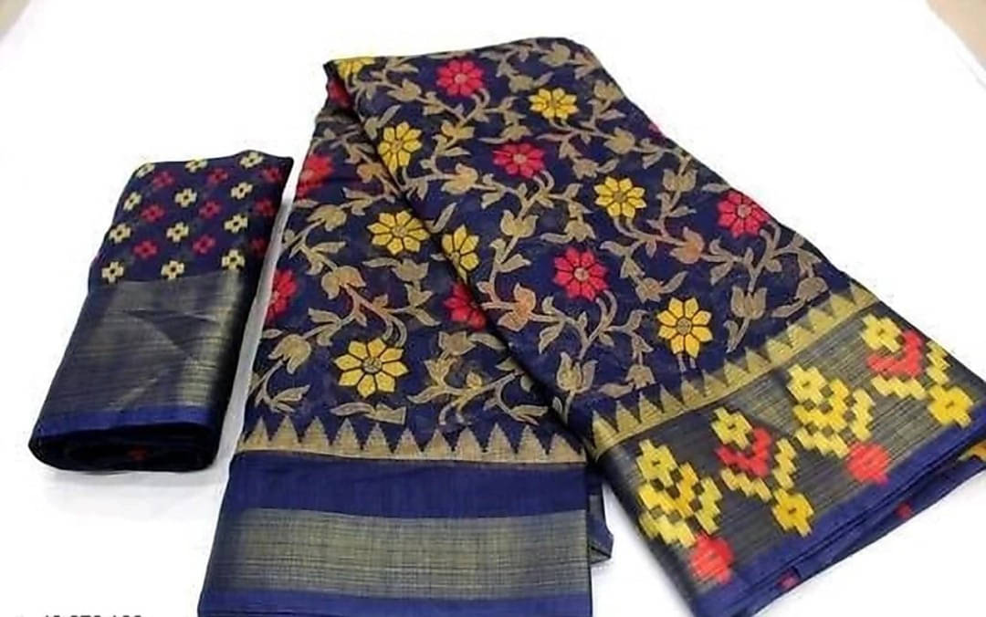     			Suali Cotton Blend Printed Saree With Unstitched Blouse Piece ( Blue )