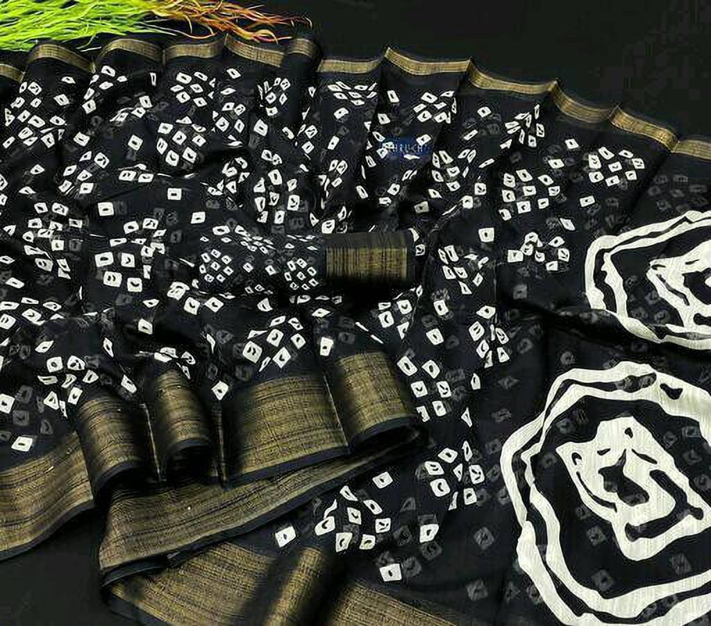 Suali Cotton Blend Printed Saree With Unstitched Blouse Piece ( Black )     			Suali Cotton Blend Printed Saree With Unstitched Blouse Piece ( Black )