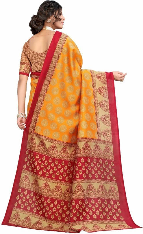     			Suali Cotton Blend Printed Saree With Unstitched Blouse Piece ( Mustard )