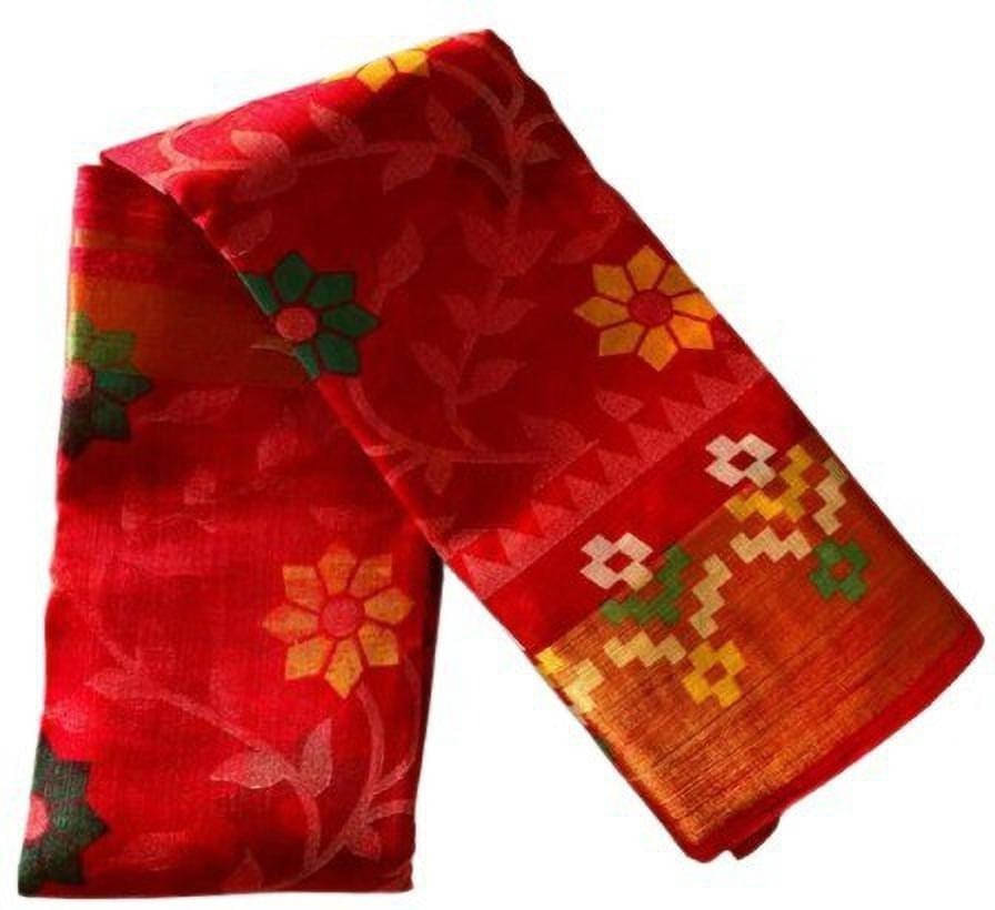     			Suali Cotton Blend Printed Saree With Unstitched Blouse Piece ( Red )