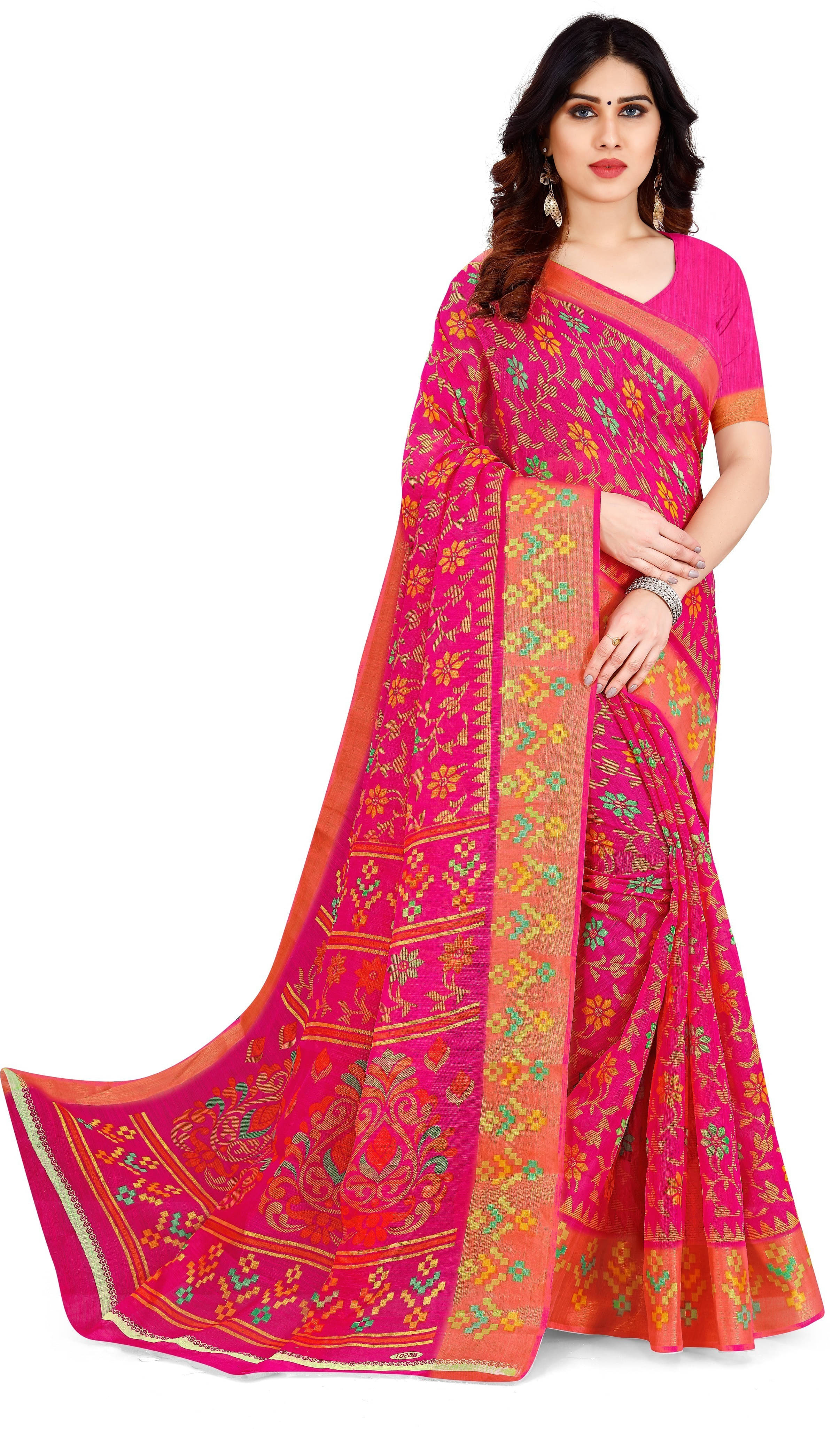     			Suali Cotton Blend Printed Saree With Unstitched Blouse Piece ( Pink )