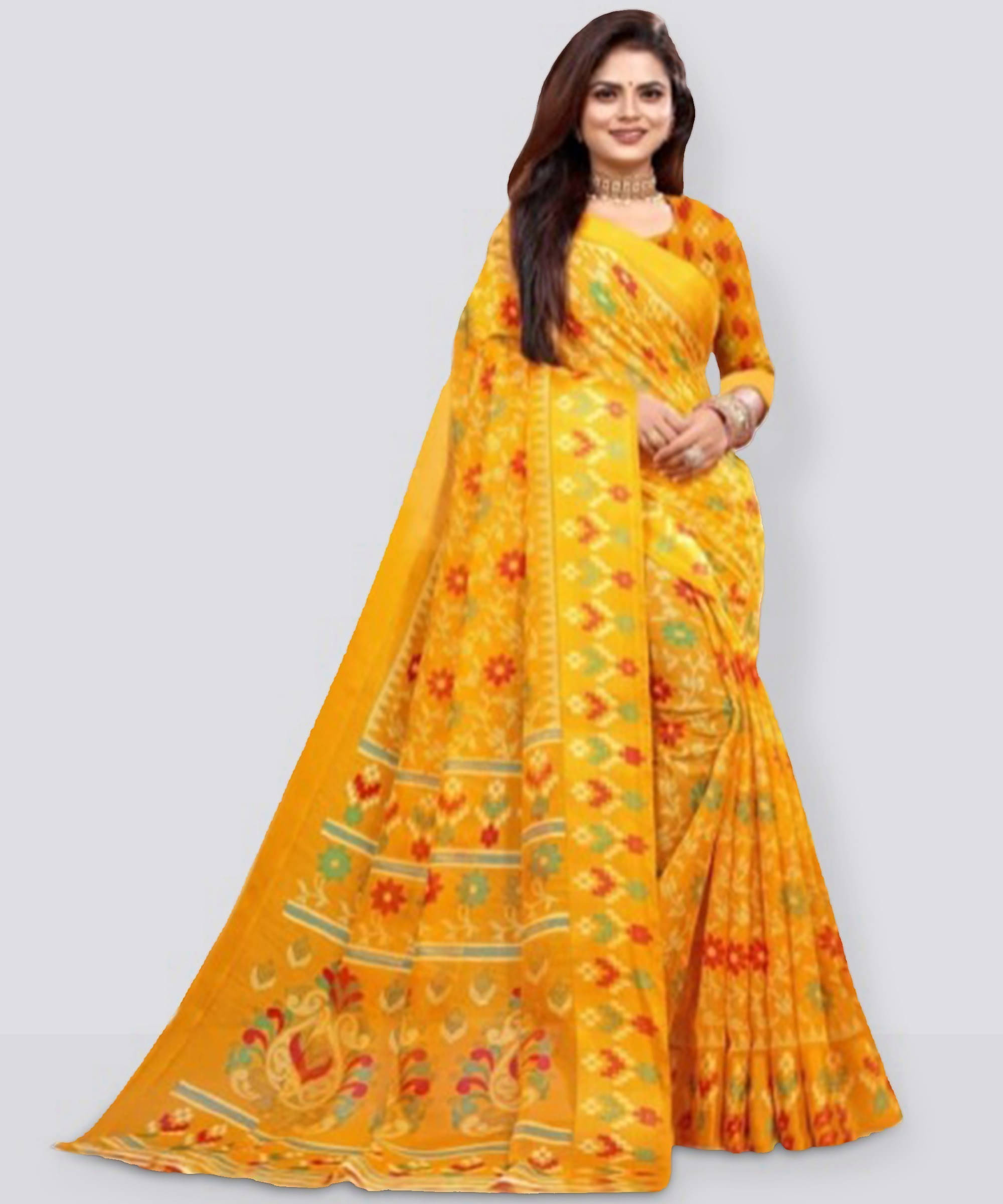     			Suali Cotton Blend Printed Saree With Unstitched Blouse Piece ( Yellow )
