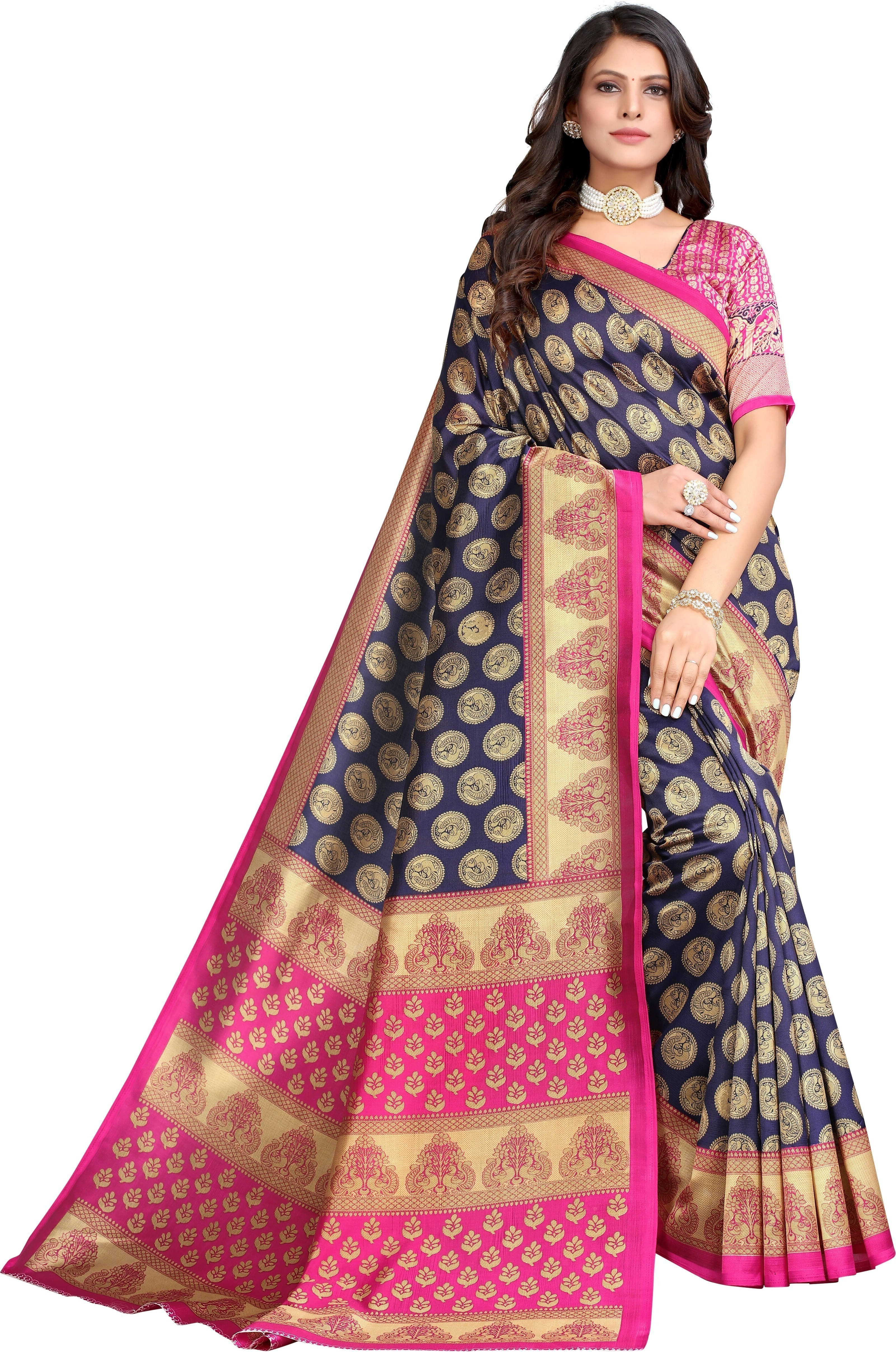     			Suali Cotton Blend Printed Saree With Unstitched Blouse Piece ( Blue )