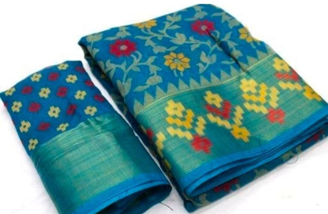     			Suali Cotton Blend Printed Saree With Unstitched Blouse Piece ( Light Blue )