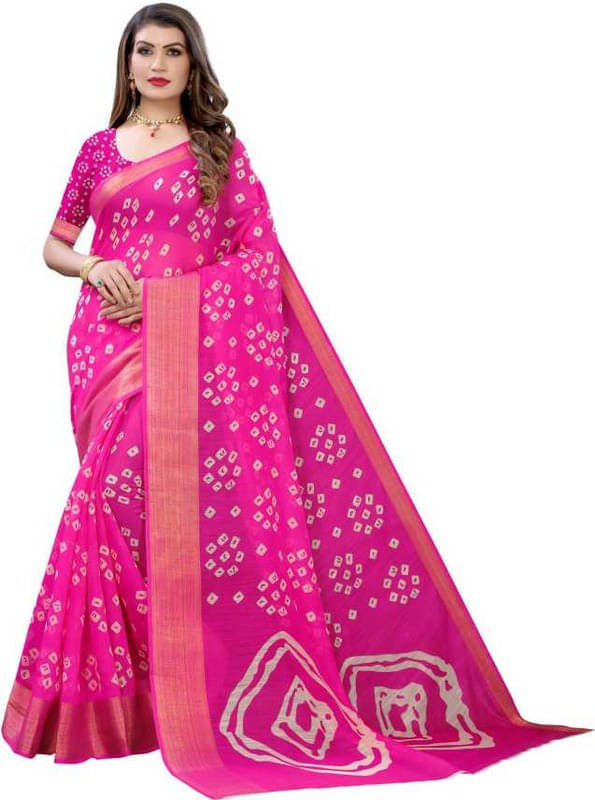     			Suali Cotton Blend Printed Saree With Unstitched Blouse Piece ( Pink )