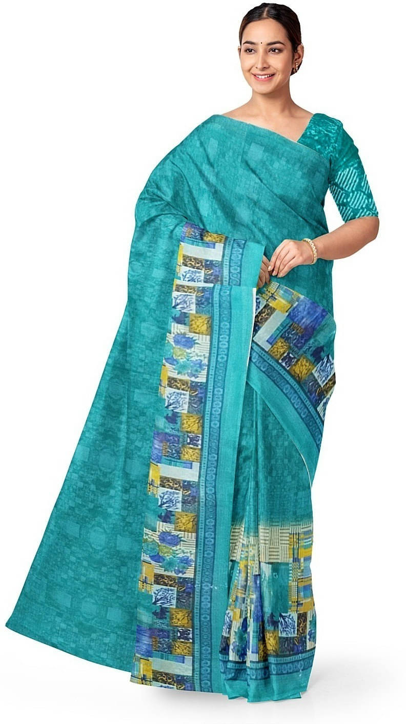     			Suali Cotton Blend Printed Saree With Unstitched Blouse Piece ( Blue )