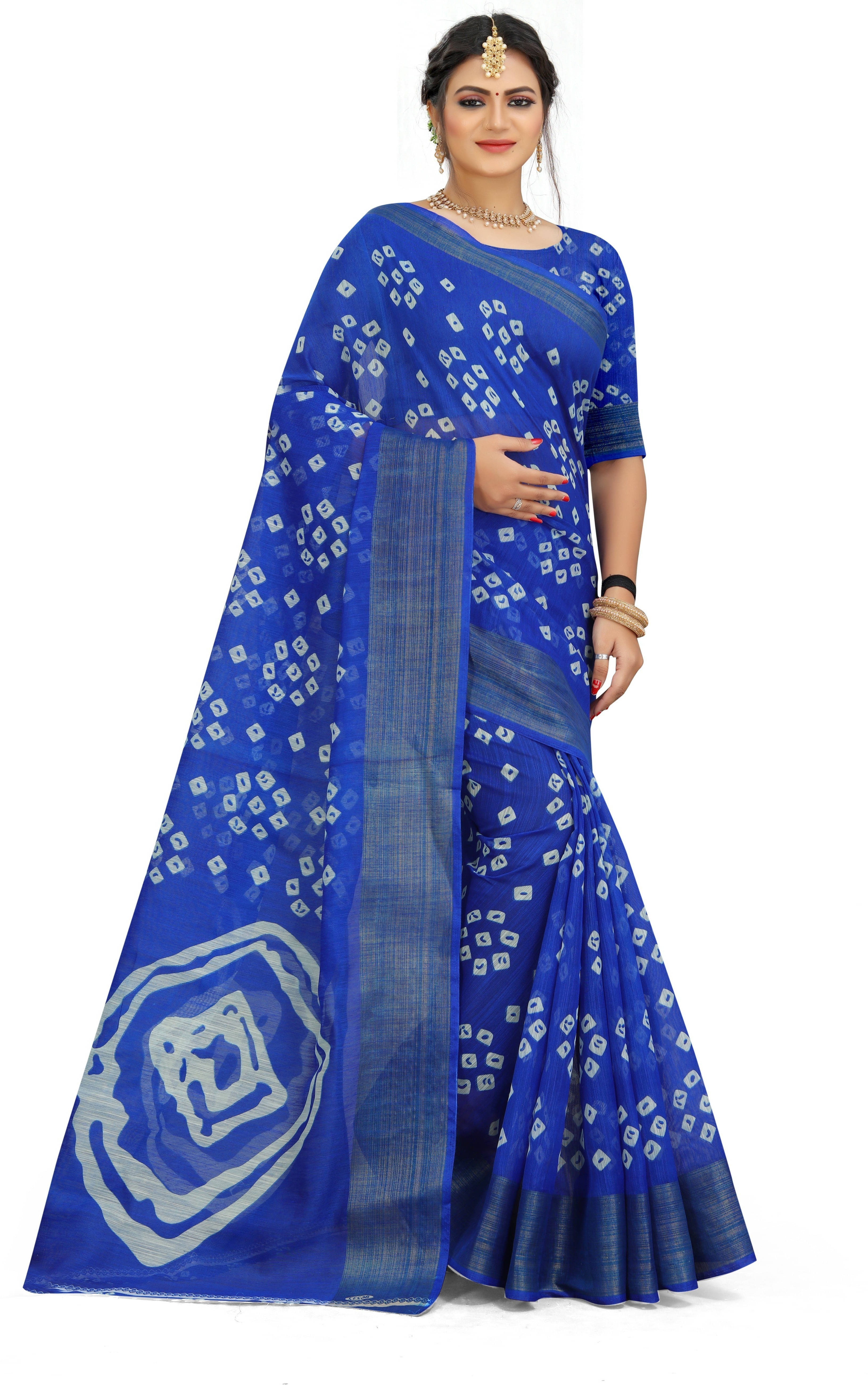 Suali Cotton Blend Printed Saree With Unstitched Blouse Piece ( Blue ) Suali Cotton Blend Printed Saree With Unstitched Blouse Piece ( Blue )