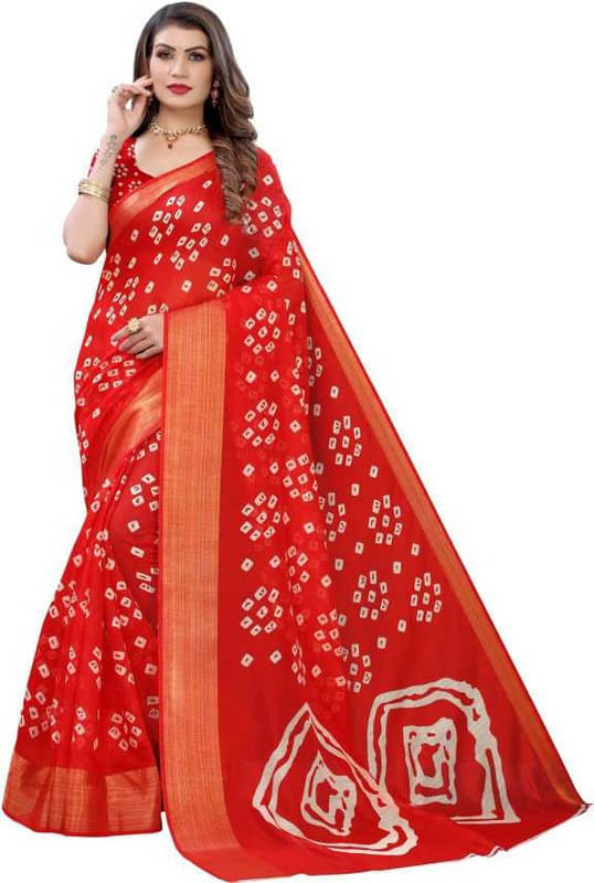     			Suali Cotton Blend Printed Saree With Unstitched Blouse Piece ( Red )