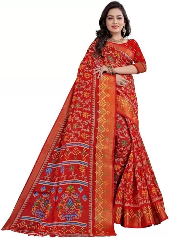 Suali Cotton Blend Printed Saree With Unstitched Blouse Piece ( Red ) Suali Cotton Blend Printed Saree With Unstitched Blouse Piece ( Red )