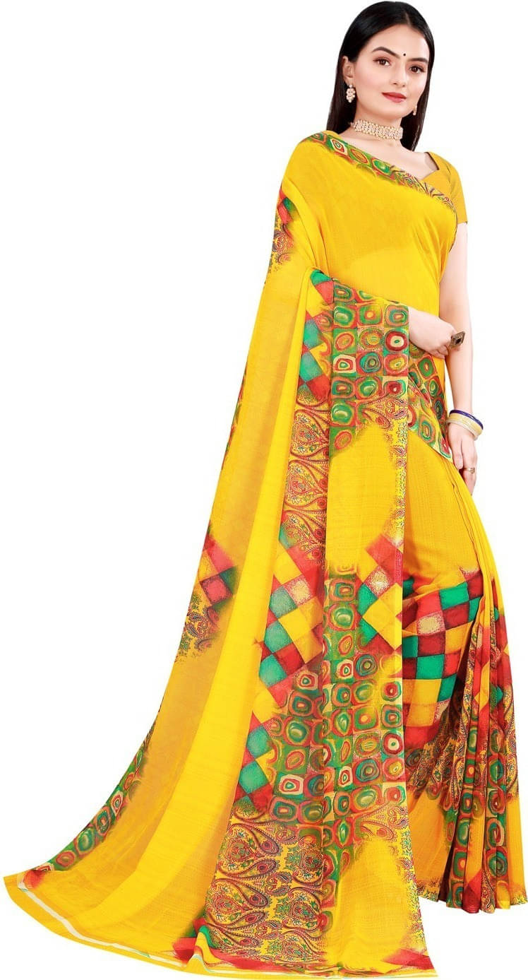     			Suali Cotton Blend Printed Saree With Unstitched Blouse Piece ( Yellow )