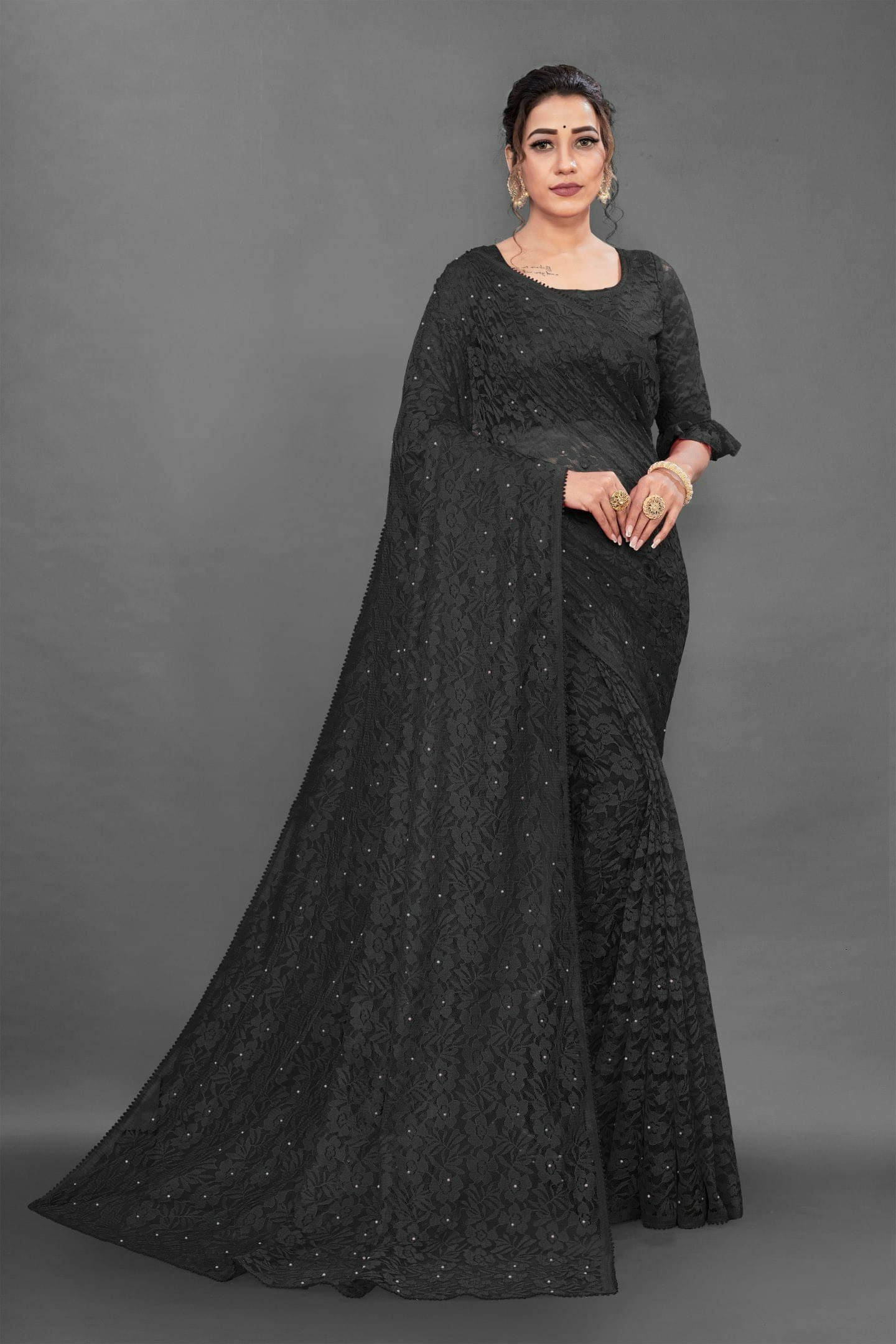     			Suali Cotton Blend Printed Saree With Unstitched Blouse Piece ( Black )