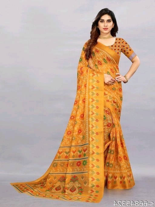 Suali Cotton Blend Printed Saree With Unstitched Blouse Piece ( Yellow ) Suali Cotton Blend Printed Saree With Unstitched Blouse Piece ( Yellow )