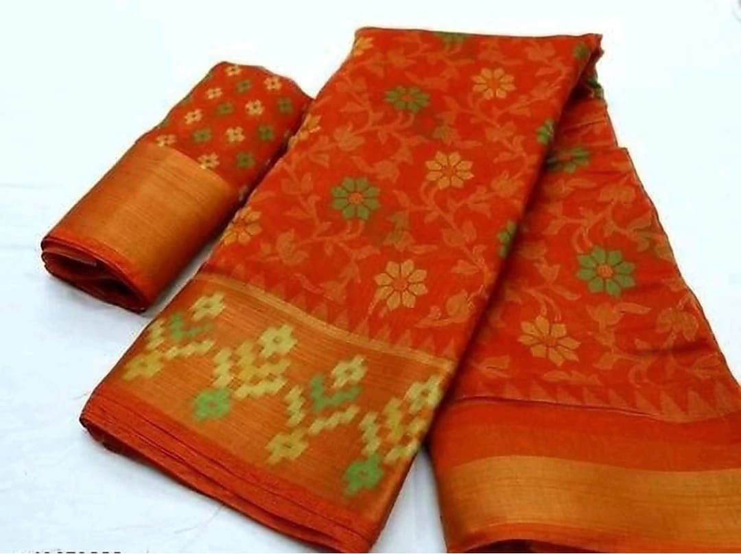     			Suali Cotton Blend Printed Saree With Unstitched Blouse Piece ( Orange )