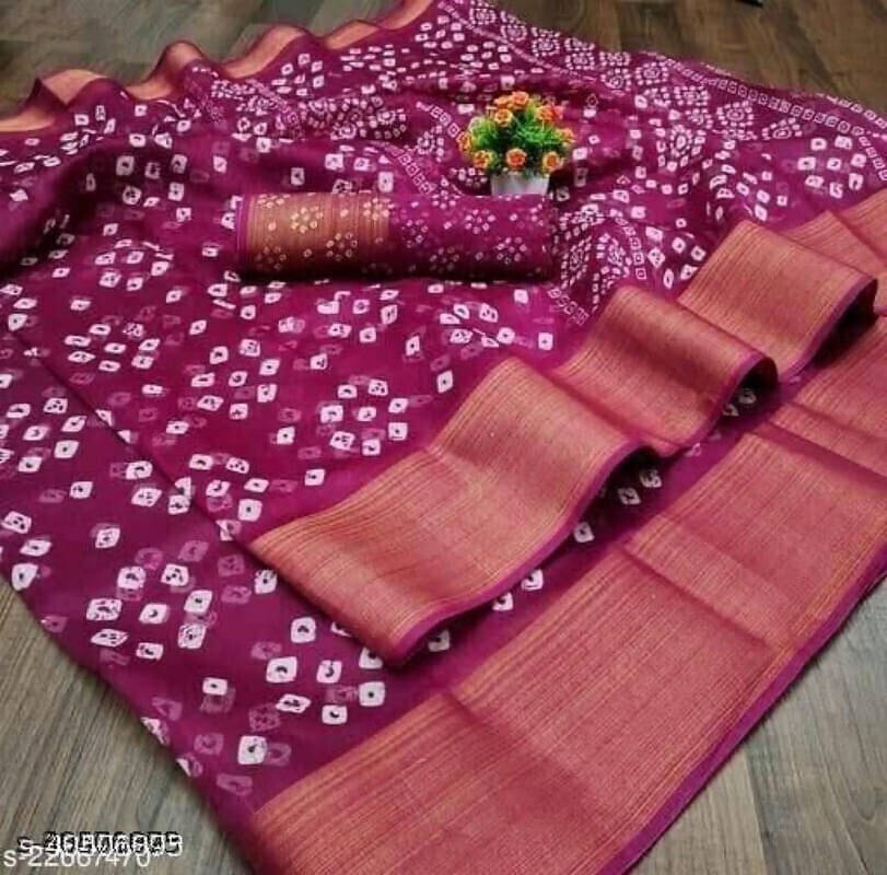     			Suali Cotton Blend Printed Saree With Unstitched Blouse Piece ( Purple )