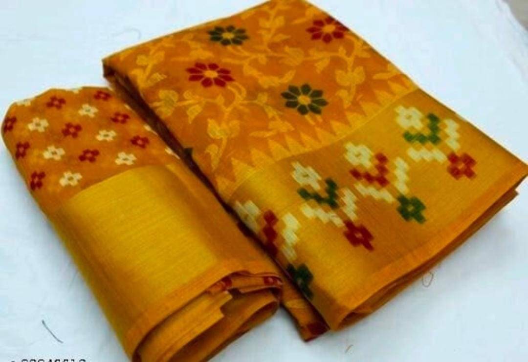     			Suali Cotton Blend Printed Saree With Unstitched Blouse Piece ( Orange )