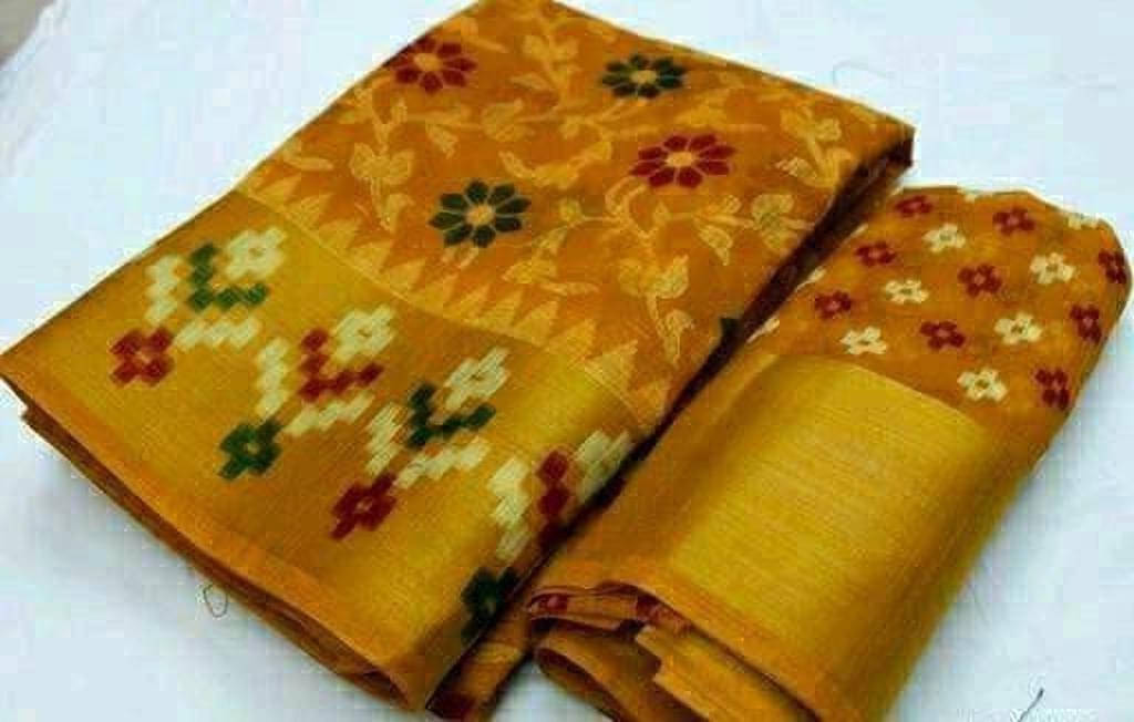     			Suali Cotton Blend Printed Saree With Unstitched Blouse Piece ( Yellow )