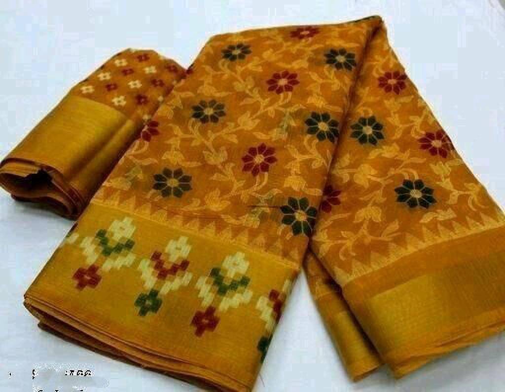 Suali Cotton Blend Printed Saree With Unstitched Blouse Piece ( Mustard ) Suali Cotton Blend Printed Saree With Unstitched Blouse Piece ( Mustard )