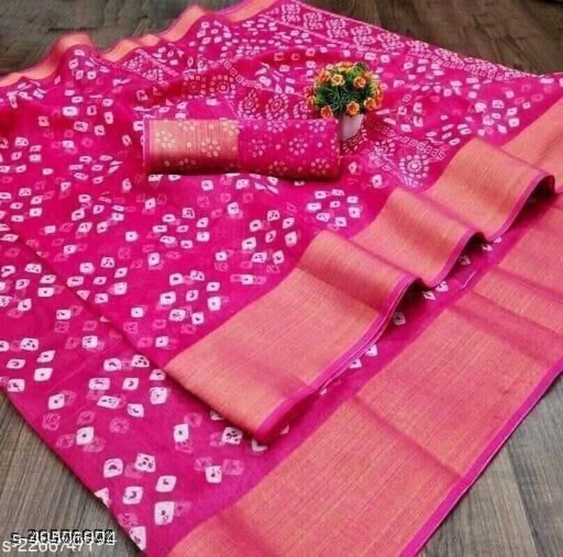     			Suali Cotton Blend Printed Saree With Unstitched Blouse Piece ( Pink )