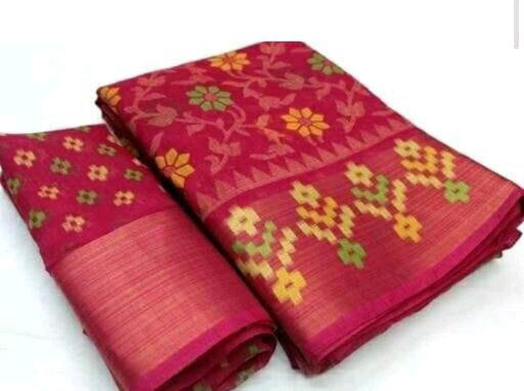     			Suali Cotton Blend Printed Saree With Unstitched Blouse Piece ( Pink )