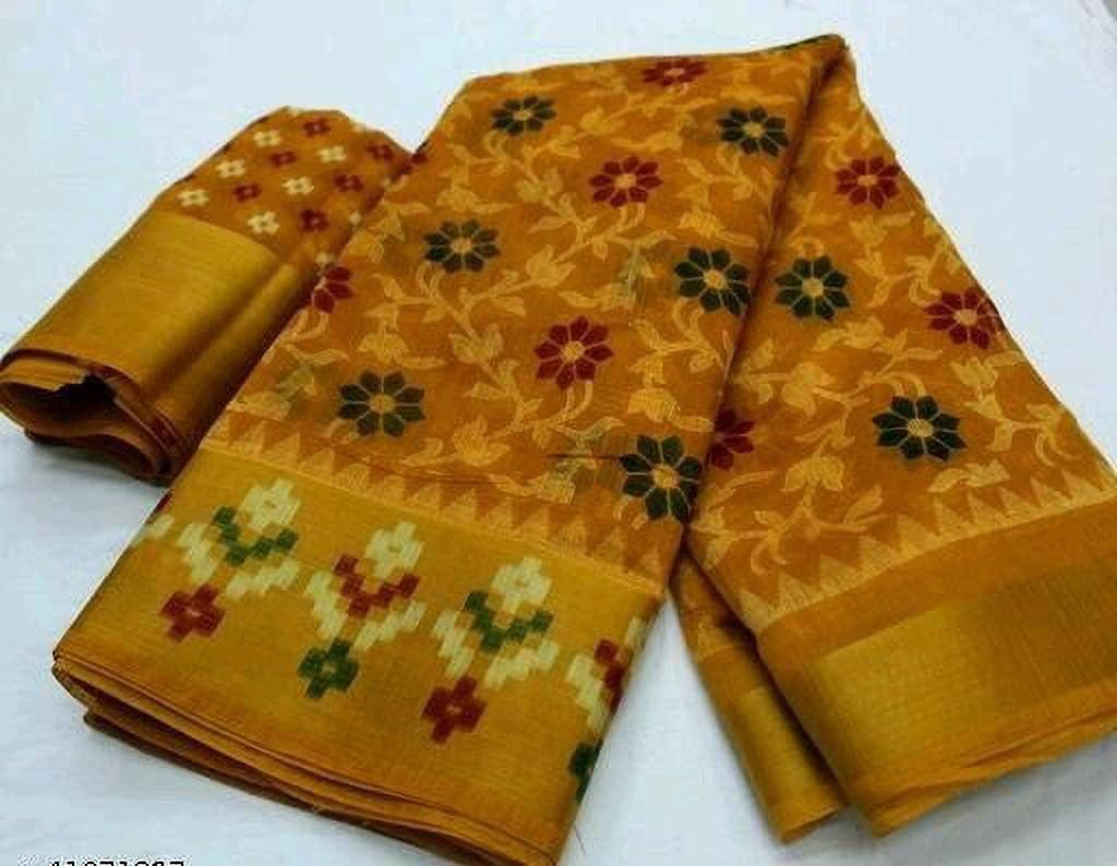     			Suali Cotton Blend Printed Saree With Unstitched Blouse Piece ( Yellow )