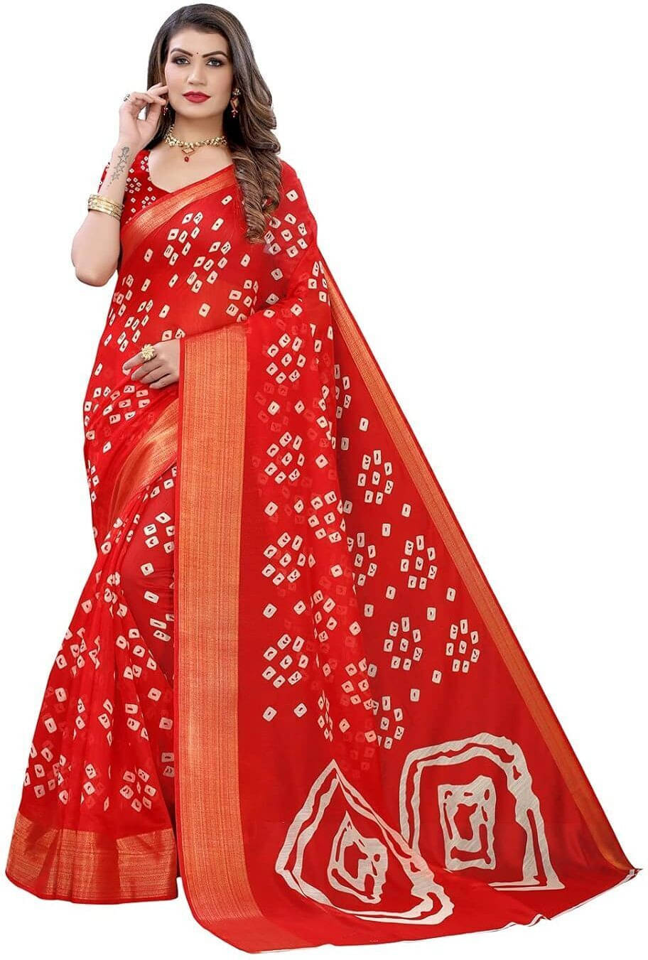     			Suali Cotton Blend Printed Saree With Unstitched Blouse Piece ( Red )