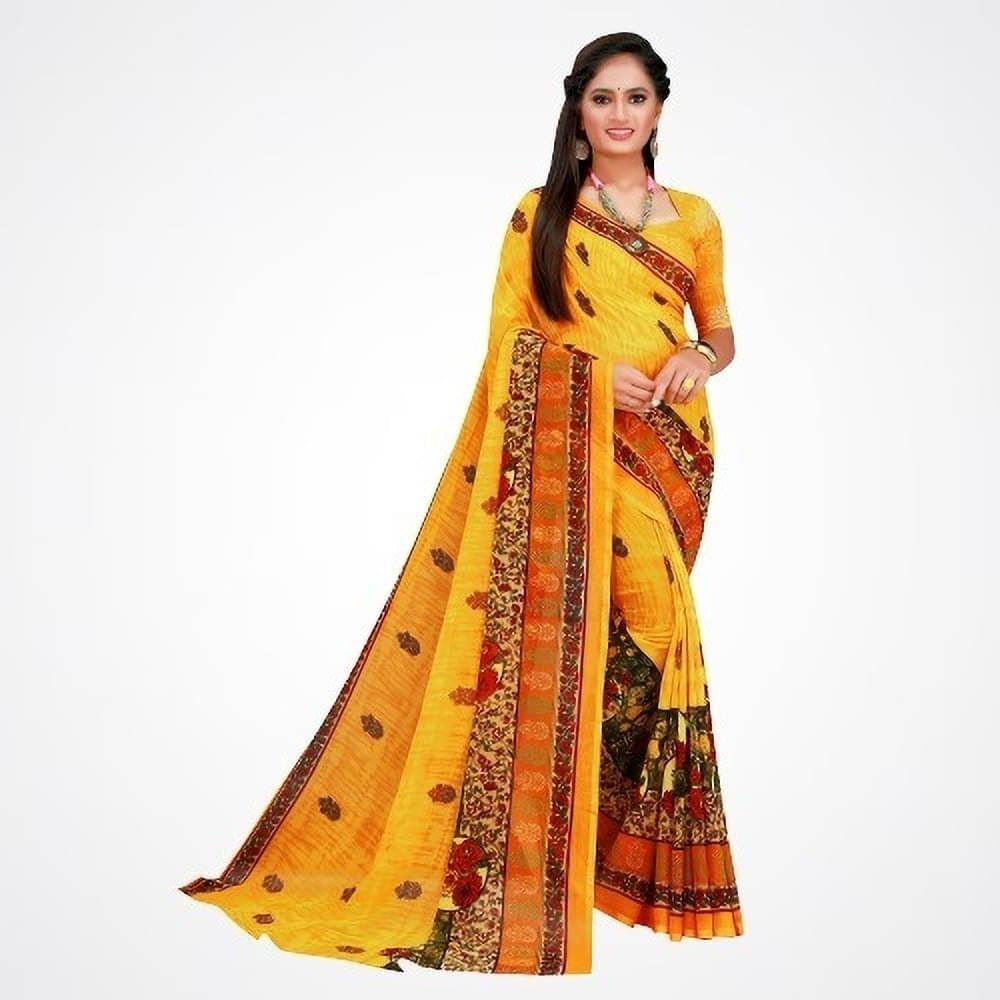     			Suali Cotton Blend Printed Saree With Unstitched Blouse Piece ( Yellow )