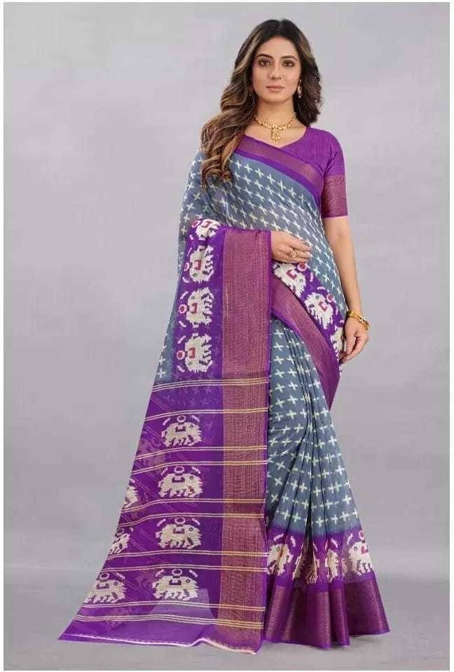     			Suali Cotton Blend Printed Saree With Unstitched Blouse Piece ( Purple )