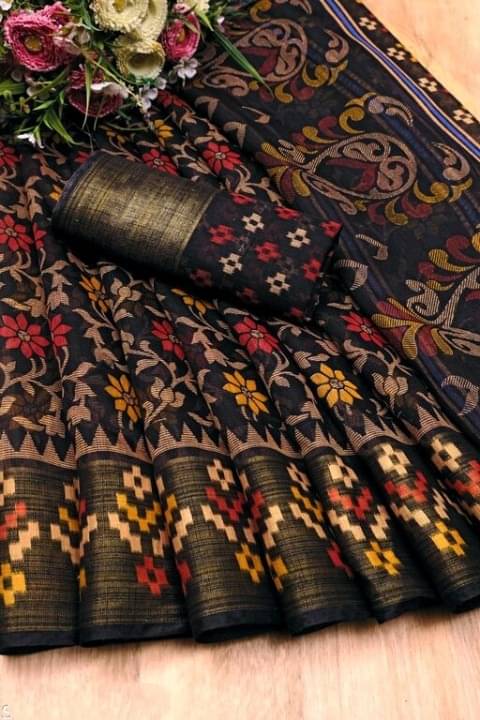 Suali Cotton Blend Printed Saree With Unstitched Blouse Piece ( Black ) Suali Cotton Blend Printed Saree With Unstitched Blouse Piece ( Black )