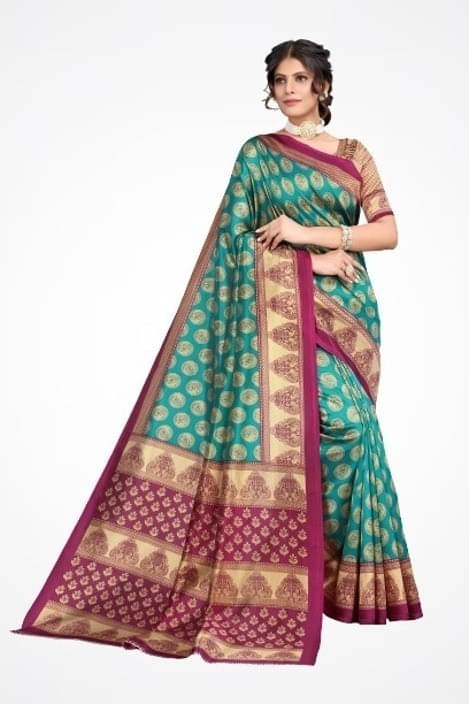     			Suali Cotton Blend Printed Saree With Unstitched Blouse Piece ( Light Blue )