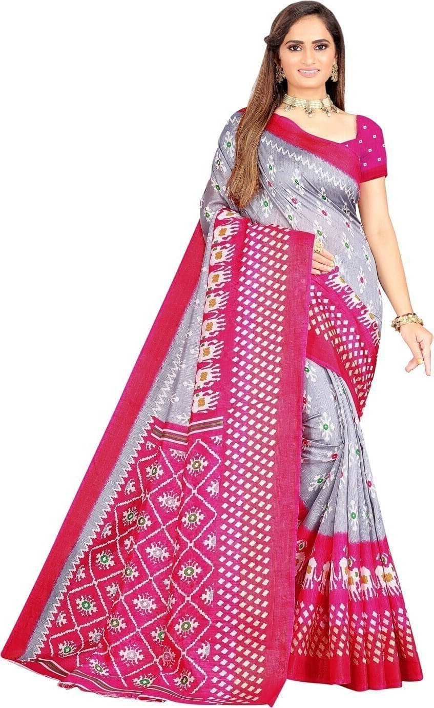     			Suali Cotton Blend Printed Saree With Unstitched Blouse Piece ( Grey )