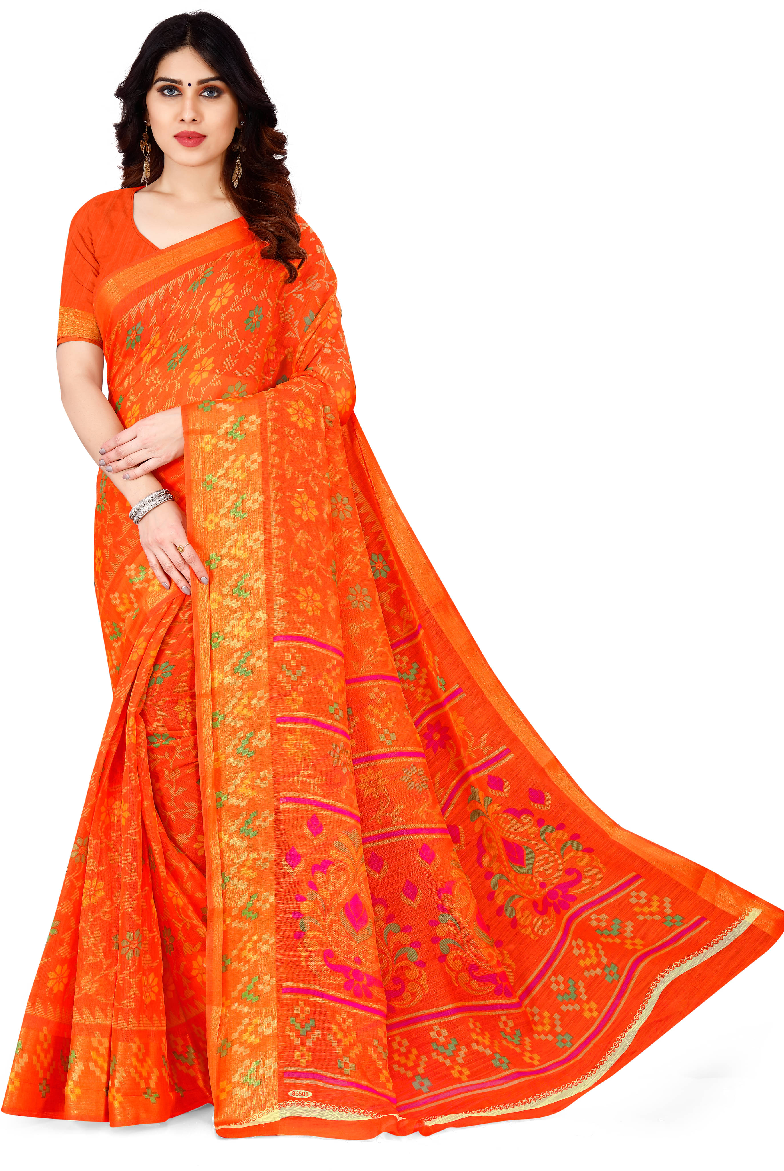 Suali Cotton Blend Printed Saree With Unstitched Blouse Piece ( Orange ) Suali Cotton Blend Printed Saree With Unstitched Blouse Piece ( Orange )