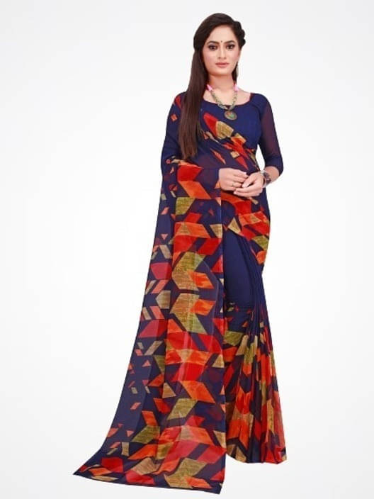 Suali Cotton Blend Printed Saree With Unstitched Blouse Piece ( Blue ) Suali Cotton Blend Printed Saree With Unstitched Blouse Piece ( Blue )