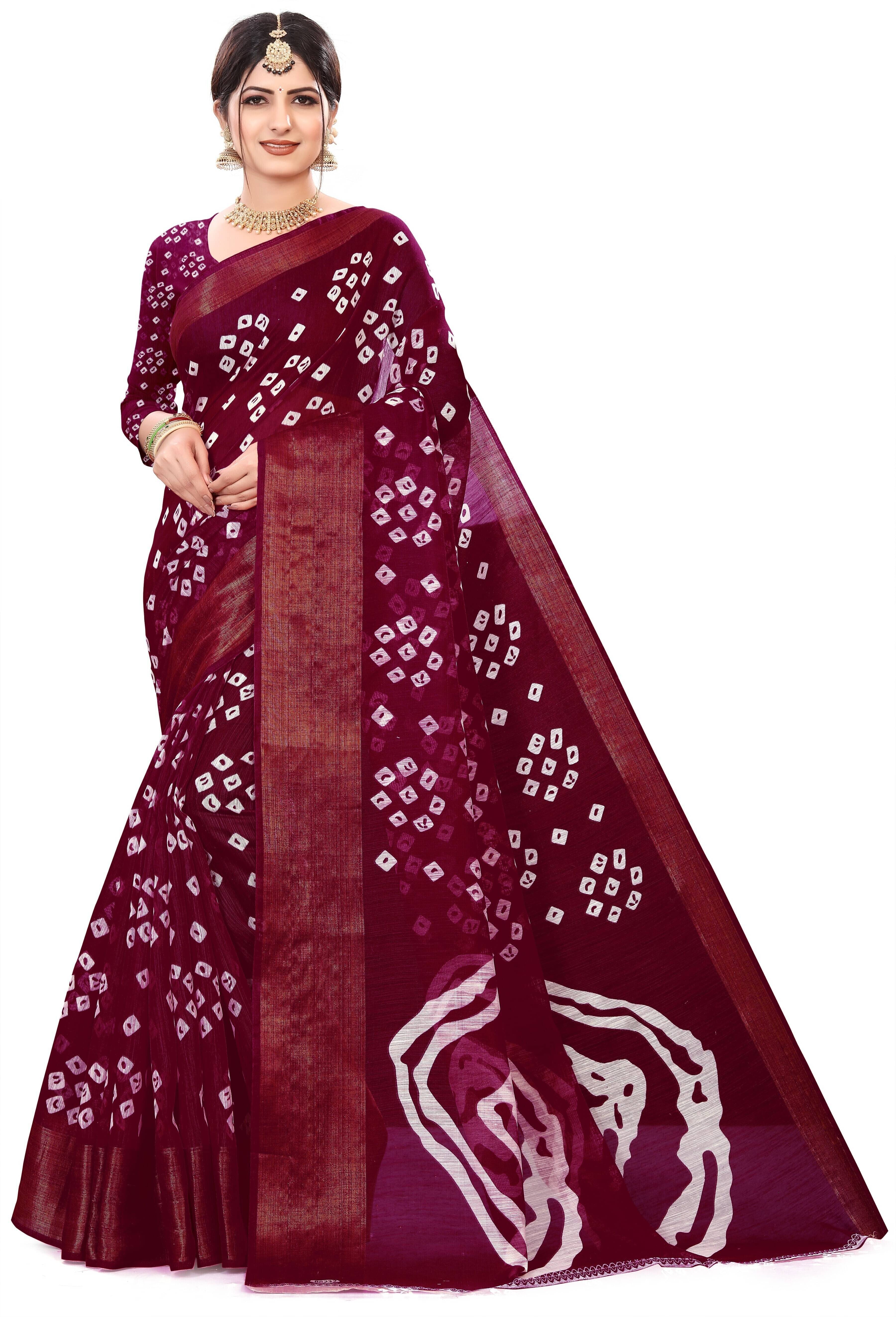     			Suali Cotton Blend Printed Saree With Unstitched Blouse Piece ( Purple )