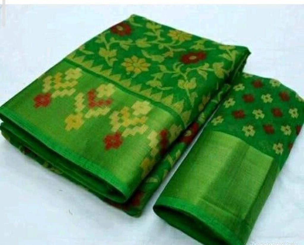     			Suali Cotton Blend Printed Saree With Unstitched Blouse Piece ( Green )