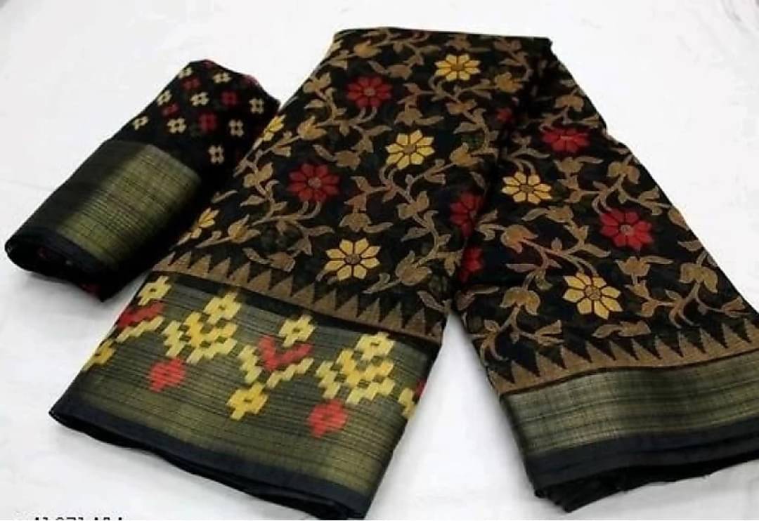     			Suali Cotton Blend Printed Saree With Unstitched Blouse Piece ( Black )