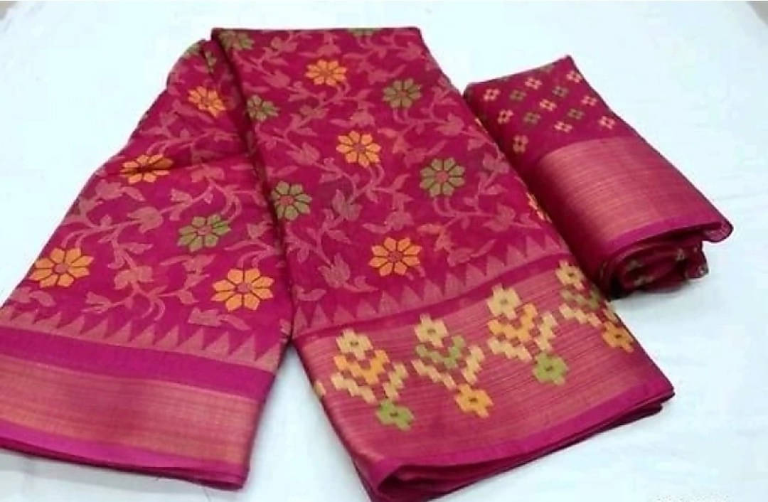     			Suali Cotton Blend Printed Saree With Unstitched Blouse Piece ( Pink )