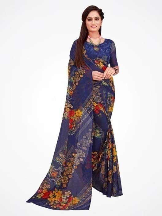 Suali Cotton Blend Printed Saree With Unstitched Blouse Piece ( Blue ) Suali Cotton Blend Printed Saree With Unstitched Blouse Piece ( Blue )