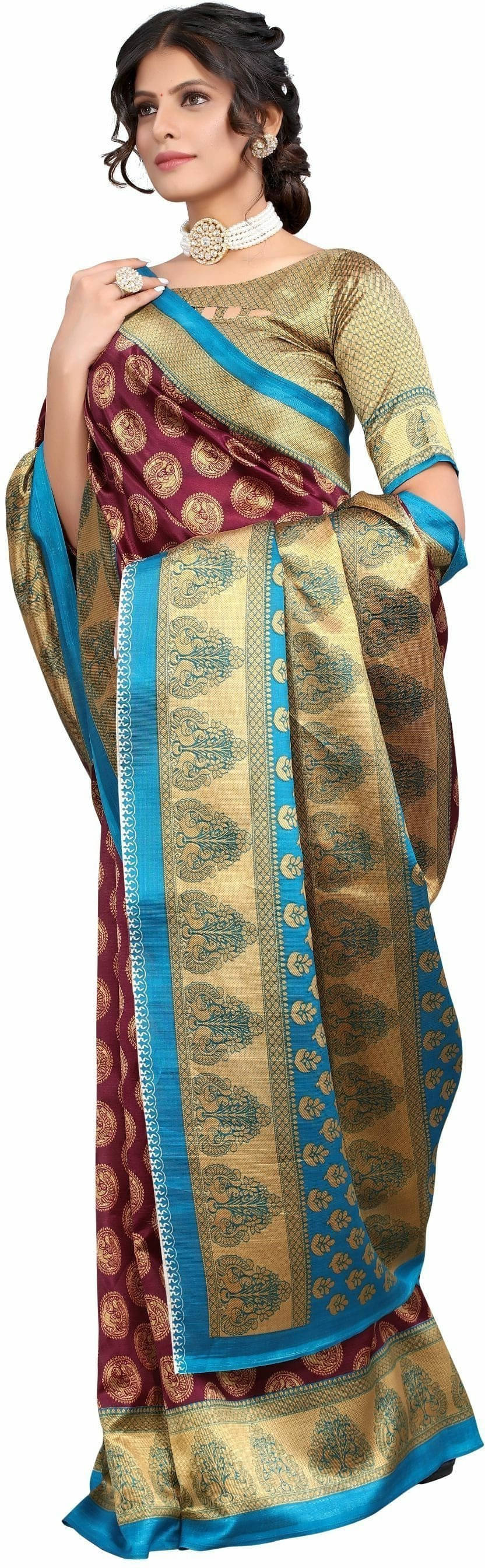 Suali Cotton Blend Printed Saree With Unstitched Blouse Piece ( Purple ) Suali Cotton Blend Printed Saree With Unstitched Blouse Piece ( Purple )