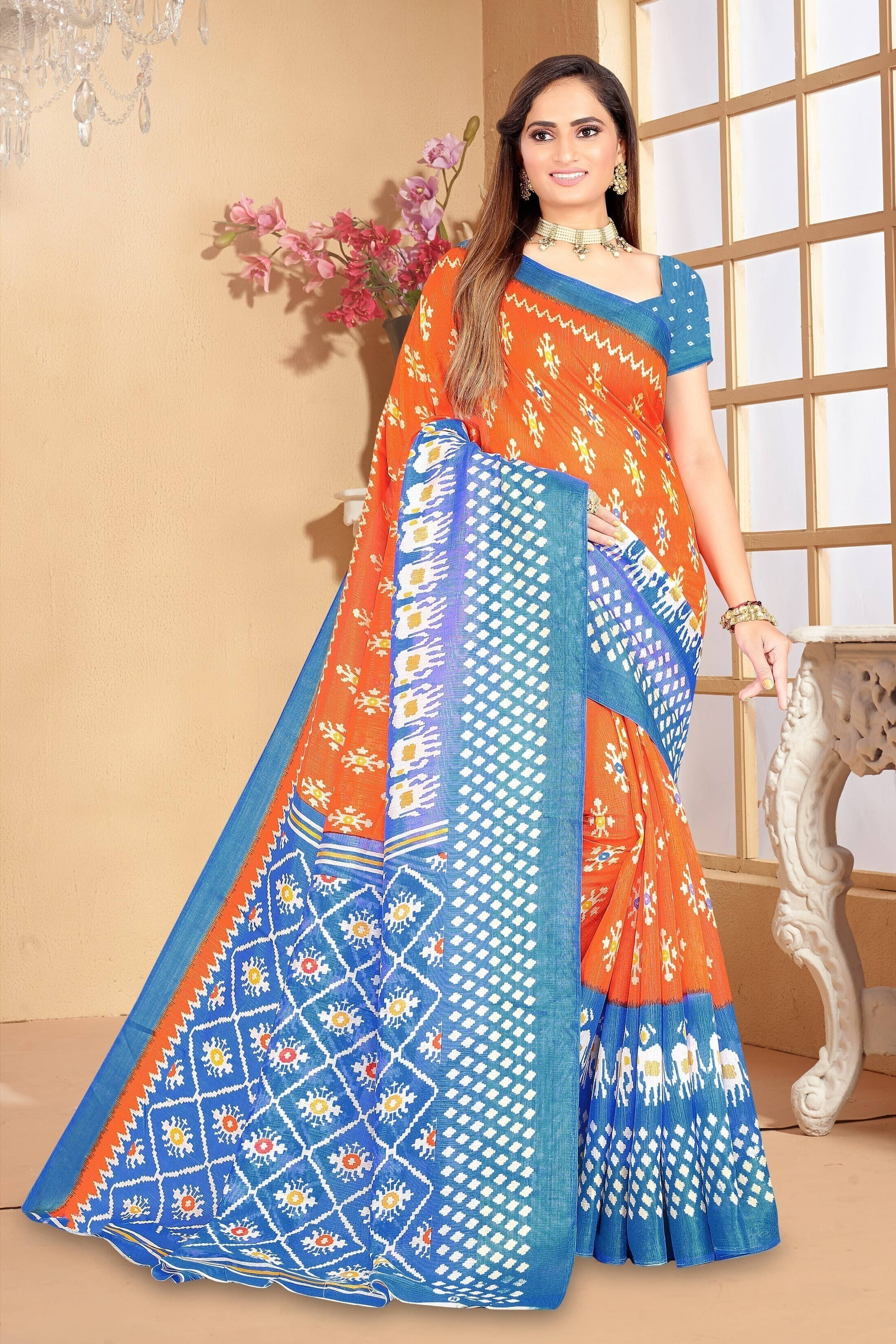     			Suali Cotton Blend Printed Saree With Unstitched Blouse Piece ( Orange )