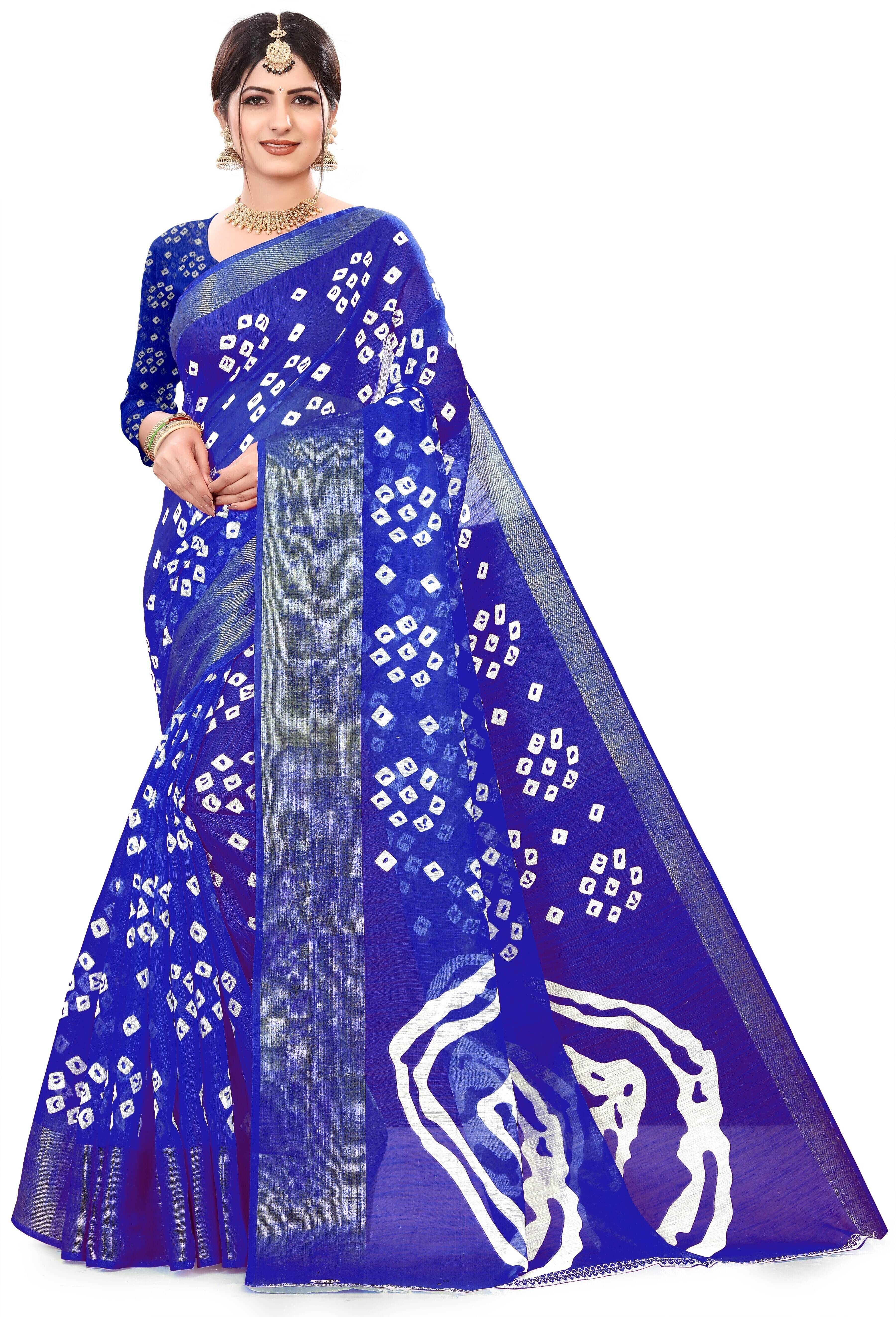    			Suali Cotton Blend Printed Saree With Unstitched Blouse Piece ( Blue )