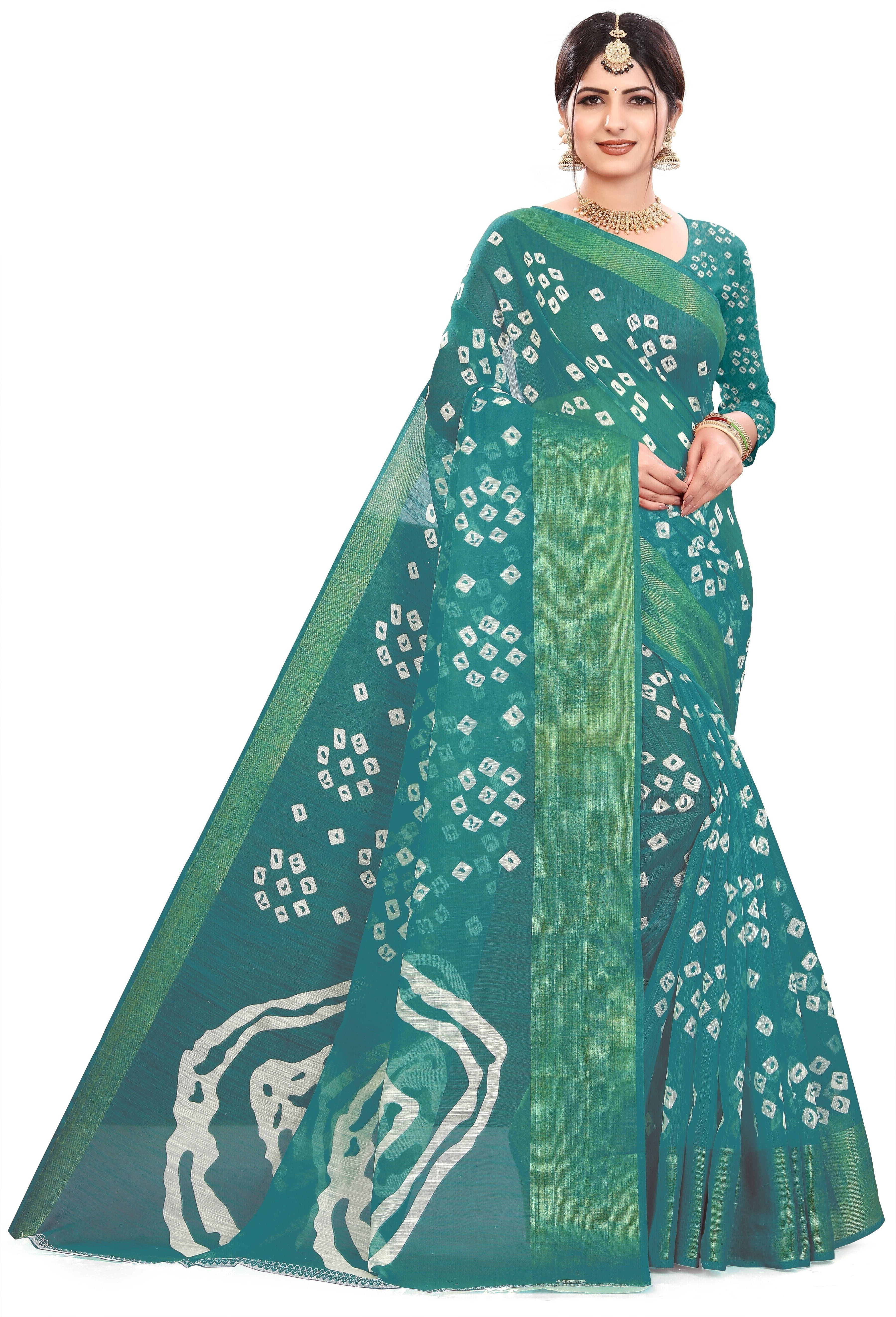     			Suali Cotton Blend Printed Saree With Unstitched Blouse Piece ( Light Blue )