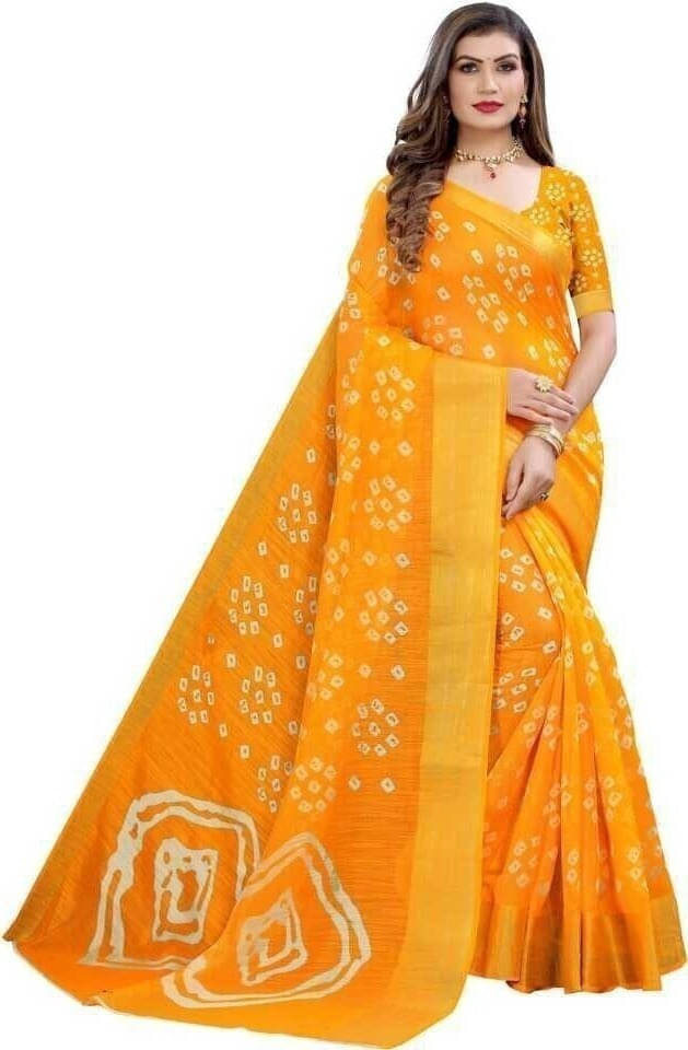     			Suali Cotton Blend Printed Saree With Unstitched Blouse Piece ( Yellow )